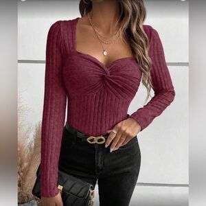 Elegant Burgundy Ribbed Long Sleeve Top